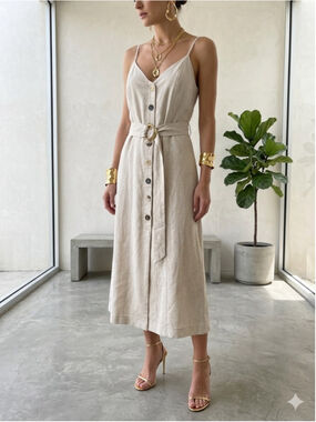 Moon River Linen Blend Midi Dress Medium Tan Minimalist Button Front Belted Summ